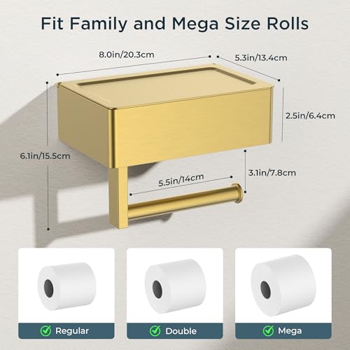 FORIOUS Toilet Paper Holder with Shelf, Sanitary Napkin Receptacle Tampon Holder, Wall Mount Toilet Paper Holder with Storage, Flushable Wipes Dispenser Fits for Bathroom Commercial(1, Brushed Gold) - color: Brushed Gold, size: 1 Pack-8" (L)
