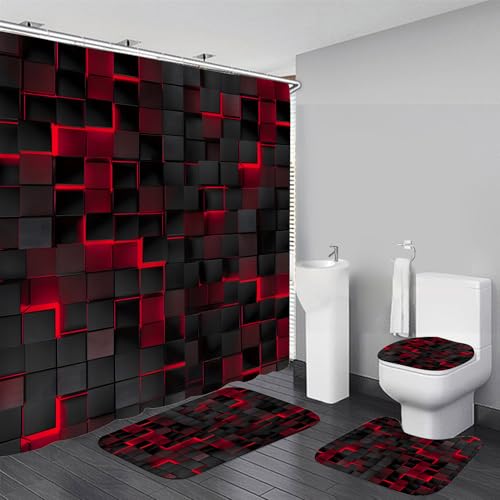 LQCOOL 4Pcs Shower Curtain Set Black 3D Cubes Shower Curtain Set Modern Bathroom Sets with Shower Curtain and Rugs Red Shower Curtain with 12 Hooks - color: Black Red