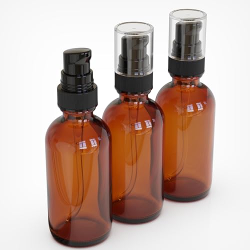 12Pack 2oz Amber Glass Pump Bottles, 60ml with Black Pump, Empty Refillable Travel Small Container For Lotion Cream Essentil Oil Shampoo (2oz) - size: 2oz Amber Glass