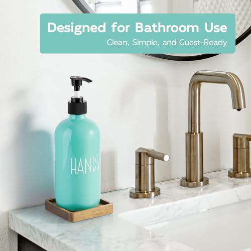 Turquoise Glass Hand Soap Dispenser with Acacia Wood Tray, 16 oz Refillable Hand Soap Pump Bottle, Decorative Teal Countertop Soap Dispenser Set for Kitchen, Bathroom, Restaurant - color: Turquoise-hand