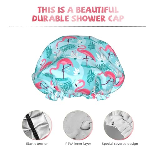 Pink Flamingos Shower Cap For Women Reusable Waterproof Double Layers Bath Cap Hair Protection Elastic Ladies Spa Salon Shower Hat - color: Pink Flamingos