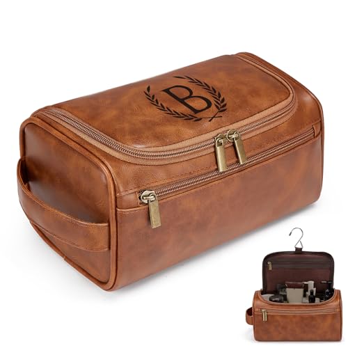 Travel Toiletry Bag Hanging For Mens PU Leather - Yellow Brown (Initial B) | Waterproof Dopp Kit Bag Beach Travel Essentials Bathroom Organizer, Personalized Gifts For Father Husband Groomsmen Birthday - color: Yellow Brown, style: B