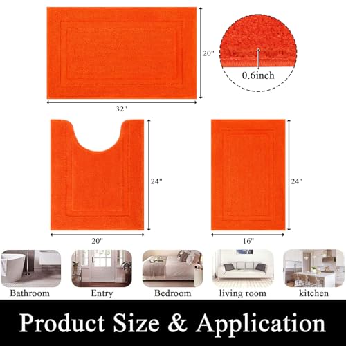 SHACOS Orange Bathroom Rugs Sets 3 Piece Small Bath Mat U Shaped Toilet Rug | 20x32+ 16x24+ 20x24, Soft Fluffy Microfiber Bath Rugs Set, Non Slip Washable Absorbent Bathroom Floor Mats Carpet Shower Rug - color: Orange, size: 16"x24"+ 20"x32"+U Shape 20"x