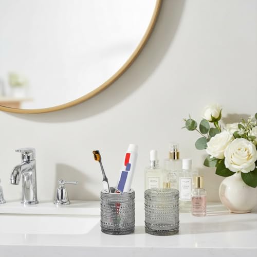 Grey Toothbrush Holders for Bathrooms, Glass Toothbrush Holder with 2 Slot Divider, 10oz Bathroom Tumbler and Mouthwash Cup, Tooth Brush Holder for Brushes, Toothpaste - color: Grey