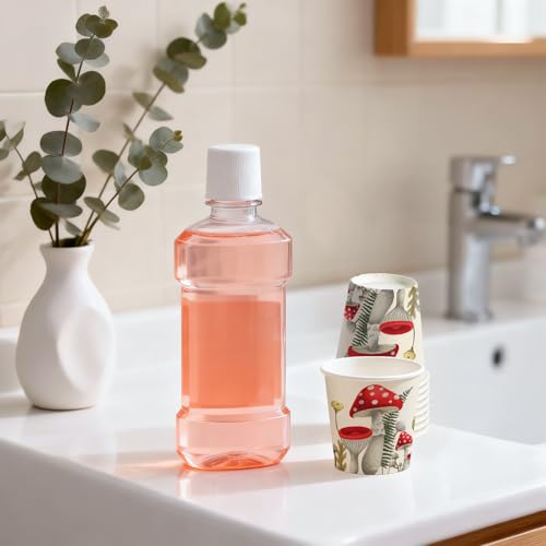 WRAPAHOLIC 3oz Mushroom Paper Cups - 100 Pack Disposable Bathroom Cups with Red Mushroom Design, Small Mouthwash Cup for Toothbrush Rinse, Home Bathroom, Birthday, Fall and Baby Shower - color: Red Mushroom