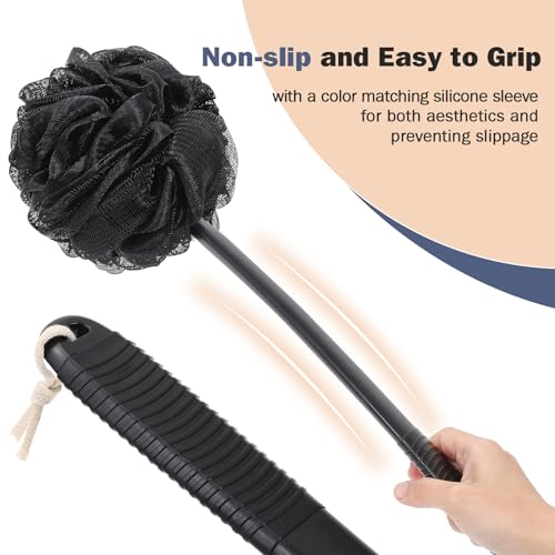 Non-Slip Back Scrubber with 17" Plastic Handle - Hand Shower Loofah & Loofah on a Stick Set, Black