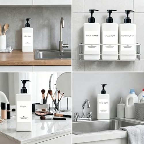 Shampoo and Conditioner Dispenser Set, 3Pack Refillable Shampoo and Conditioner Bottles with Labels, 500ml Soap Dispenser 16.9oz Shower Dispenser Square Pump Bottle for Bathroom and Kitchen - White - color: White - 3pack 16.9oz