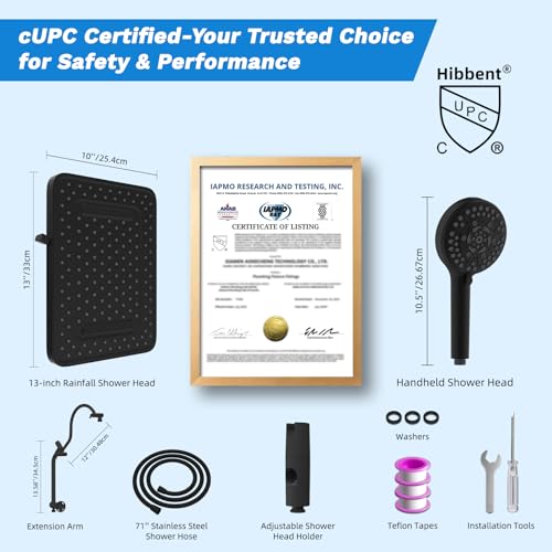 Hibbent cUPC Certified 13'' Shower Head Combo, High Pressure 5 Spray Rainfall Showerhead, 10 Spray Mode Handheld, All Metal Easy Reach 4-way Diverter Arm with Pause Mode, 71'' Hose and Holder, Black - color: Black, style: Square 13"