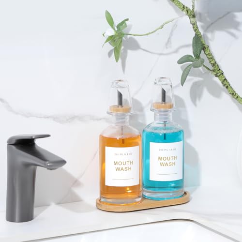 11.8OZ Glass Mouthwash Dispenser for Bathroom with Stainless Steel & Bamboo Nozzle, Mouthwash Cup Reusable, Bamboo Tray, and Elegant Gold Sticker.Set of 2（Clear - color: Clear/350*2