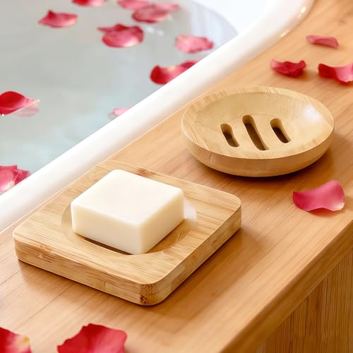 2 Pcs Bamboo Soap Holder Wooden Soap Dishes, Natural Soap Dish Wood Bar Soap Holder for Shower Home Bathroom, Shower Steamer Tray for Shampoo Bath Bomb Steamers (Round and Square)