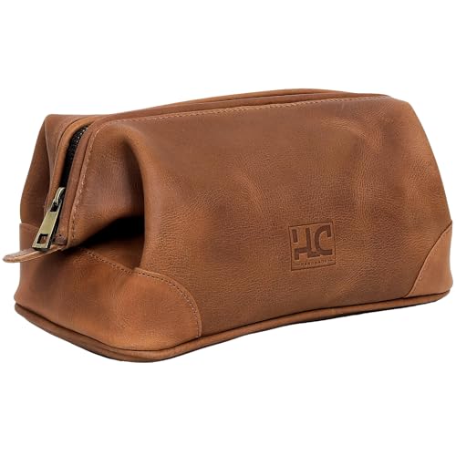 HLC Leather Toiletry Bag for Men Best Gift Premium Genuine Leather Dopp Kit Shaving Kit Organizer Travel Kit Pouch Bag for Men Large Size (TAN) - color: Tan