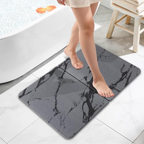 Diatomaceous Earth Bath Mat, 24"x16" Absorbent Stone Bath Mat for Bathroom, Quick Dry Foldable Diatomite Stone Mat, Non-Slip Magic Stone Dish Drying Mat for Kitchen Counter, Pet & Plant - color: Grey Marble