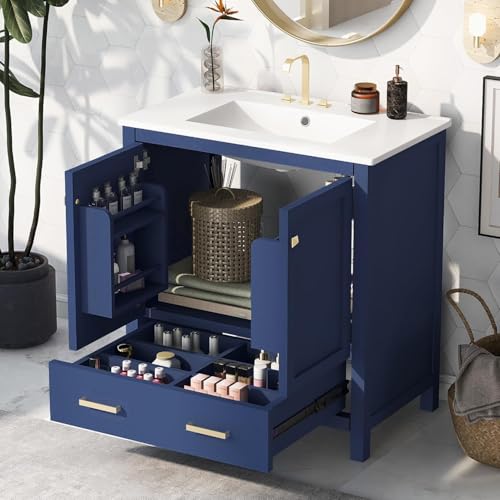 Linique 30" Modern Bathroom Vanity with Sink Combo Set, Solid Wood Frame Bathroom Storage Cabinet with 2 Soft Closing Doors and a Drawer, Multifunctional Storage, Blue - color: Blue