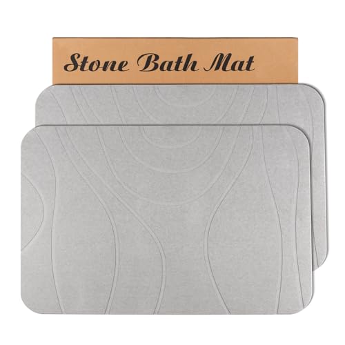 Stone Bath Mat, 2 Pack Diatomaceous Earth Shower Mat, Non-Slip Super Absorbent Quick Drying Bathroom Floor Mat, 24x15, Light Grey - color: Light Grey, size: 24" x 15" (2 Pack)
