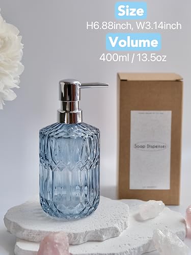 LaMarriti Clear Glass Soap Dispenser with Silver Rust Proof Pump, Refillable Thick Glass Kitchen Soap Dispenser, Lotion Dispenser Bathroom for Hands Soap, Dish Soap, Body Wash (Blue - color: Blue