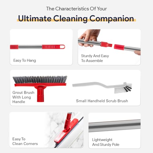 Foxtrot Living Grout Brush with Long Handle & Handheld Stiff Bristle Scrubber, V-Shaped Cleaner with Telescopic Handle for Easy Cleaning & Storage - Tile Floor Cleaning Brush - color: Red