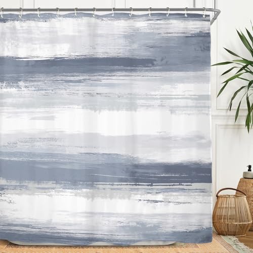 Miyotaa Blue Gray Abstract Shower Curtain Set 60Wx71H Inches Horizontal Striped Modern Contemporary Minimalist Aesthetic Polyester Waterproof Cloth Bathroom Curtain with 12 Hooks - color: Blue Gray Minimalist, size: 60"W x 71"L (Pack of 1)
