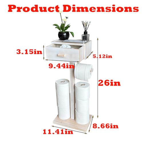 Freestanding Bathroom Toilet Paper Holder Stand with Shelf, Bamboo Toilet Paper Roll Holder with Wet Wipes Storage Drawer(Vintage White) - color: White