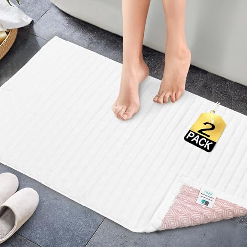 VOOVA & MOVAS Hotel-Grade Quality White Non Slip Bath Mats Set of 2 - Cotton Fabric, Thick 840gsm, Absorbent, Machine Washable, Large 22"x34" Bathroom Mats, Terry Cloth Rubber Backed Bathroom Mats - color: White, size: 22"x34"