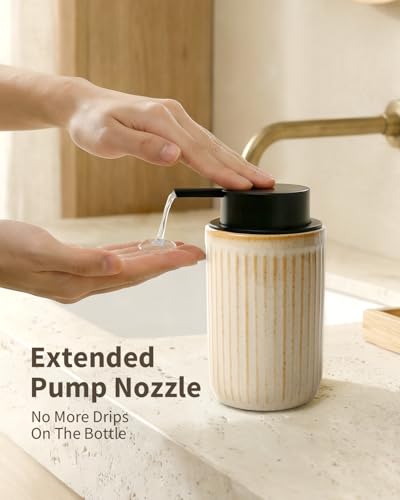 BosilunLife Dish Hand Soap Dispenser - Liquid Pump Soap Dispenser for Bathroom Deco 12oz Ceramic Kitchen Dish Dispenser with Rust-Proof Liquid Pump Modern Refillable Lotion Bottles, Greige - color: Greige Lotion Pump