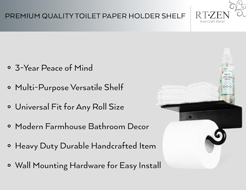 RTZEN Bathroom Toilet Paper Holder with Shelf - Handcrafted Rustic Wrought Iron Wall Decor Toilet Roll Holder - Black Matte Wall Mount Bar for Modern Farmhouse Bathroom Decor - style: Shelf Stylish
