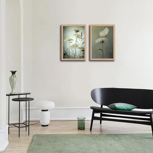 2Pcs Framed Vintage Wall Art Moody Elegant Green radish flowers and Butterfly Canvas Painting Rustic Floral Poster Artwork for Bathroom, Bedroom, Living Room,wooden frame12x16in - color: Green Radish Flowers and Butterfly, size: 12x16 Inches