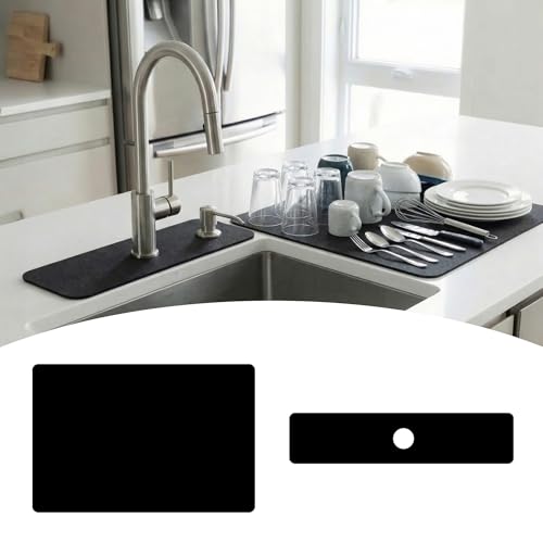 Customizable 24x5.5 Kitchen Sink Faucet Mat & 24x16 Dish Drying Mat Set | Absorbent Microfiber Splash Guard Trimmable to Fit 2 & 3 Holes Faucet & Soap Dispenser - Cuttable Counter Protector