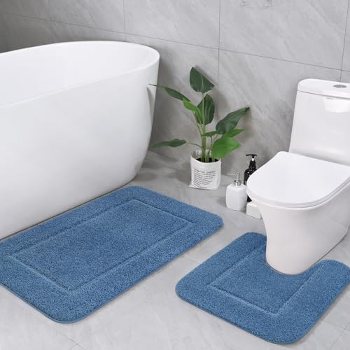 LOCHAS Bathroom Rug Set Blue, Soft Bath Rug Set 2 Piece Set, Toilet Mat U-Shaped 20x20 and 34x20 Bath Rugs, Quickly Dry Mats for Bathroom, Tub, Washable, Super Absorbent Floor Mat - color: Blue, size: 34" x 20" Plus 20" x 20" (U-Shape)