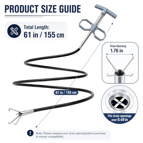 61 Inch Drain Snake Upgraded Ergonomic Grip – Toilet Snake Flexible Grabber Claw for Clog Remover & Pick Up Small Items - color: 63'' Bule Drain Snake