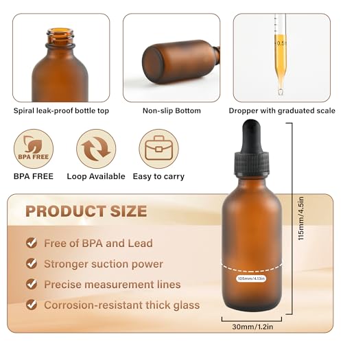 NOOEEISS 12 Pcs, 2oz Dropper Bottle, Amber Glass Eye Dropper Bottle, Tincture Bottles with Dropper, Pretty Finish, Leak-Proof Design, Stronger Suction for All Kinds of Mixed Liquids - color: Amber Frosted, size: 2oz-12Pack