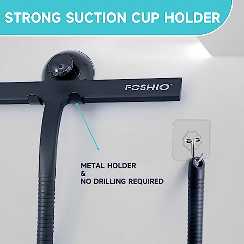 FOSHIO Shower Squeegee for Glass Doors with Suction Cup, Silicone Squeegee for Window Cleaning, Small Squeegee for Shower Glass Door, Window Squeegee with Stainless Steel Non-Slip Handle (Black)