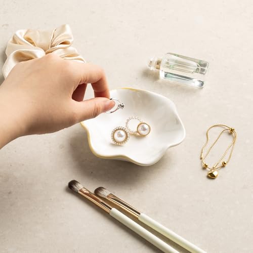 Ceramic Lotus Leaf Trinket Dish, Ring Holder for Jewelry | Keeps earrings, necklaces, keys, and keepsakes handy on vanities or nightstands, a sweet gift for moms, sisters, and friends - color: white