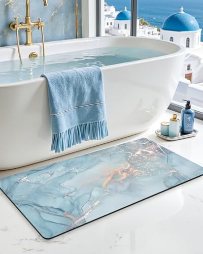 DEXI Bathroom Mat Ultra Thin, 43x24 Non Slip Bath Rug for Shower Floor, Absorbent Quick Dry Marble Bathmats Low Profile, Blue - color: Blue, size: 43" X 24" (Rectangular)