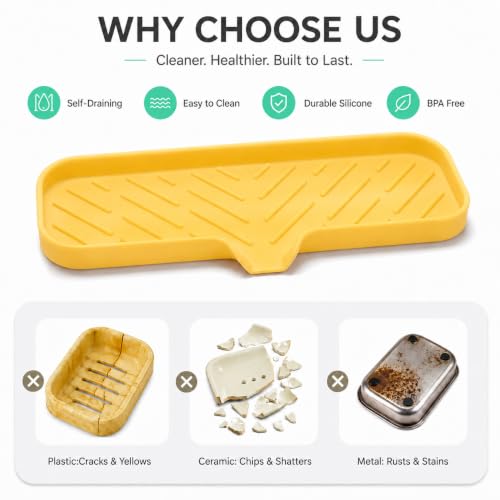 MicoYang Silicone Soap Dish with Drain Spout — Self-Draining Double Sink Organizer Tray for Kitchen & Bathroom, Dispensers, Sponges & Soap Holder, Non-Slip & Dishwasher Safe, Yellow (Large, 12"×4") - color: Yellow, size: L(12"×4")