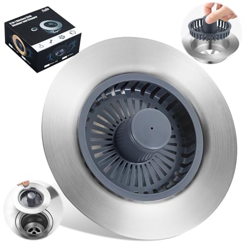 Upgraded 3-in-1 Kitchen Sink Drain Strainer, Stainless Steel Pop Up Kitchen Sink Stopper, Drain Plug for 3.5 Inch Sink Drain Hole, with Anti-Clogging Sink Strainer Basket Filter, Brushed Silver