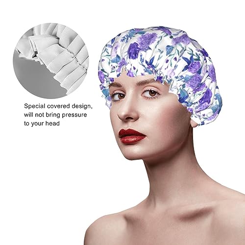 Violet Purple Rose Shower Cap For Women Adjustable Double Waterproof Layers Bathing Shower Hat Hair Protection Reusable Ladies Spa Salon Shower Hat - color: Purple Rose