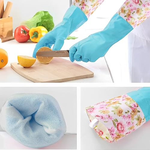 KINGFINGER Dishwashing Cleaning Gloves, 2 Pairs Reusable Rubber Gloves PVC Latex-Free Waterproof Long Cuff and Flock Lining Household Cleaning Gloves for Women - color: Blue+purple