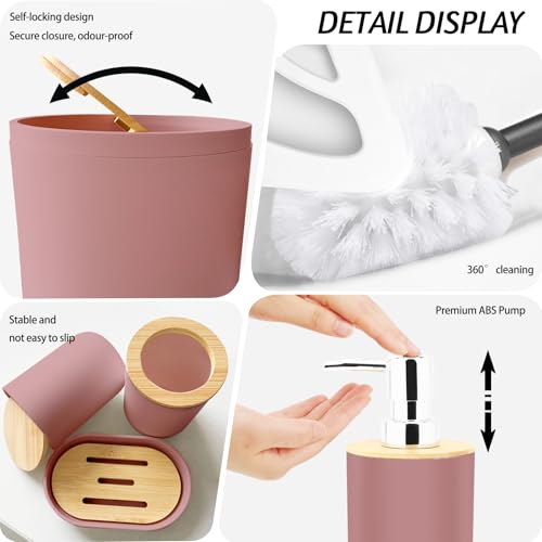 Lnond Pink Bathroom Set, Pink Abstract Cubes Bathroom Accessories Sets Complete, Luxury Restroom Set with Shower Curtain and Rugs, Trash Can, Toilet Brush Holder Set & Soap Dispenser - style: Pink