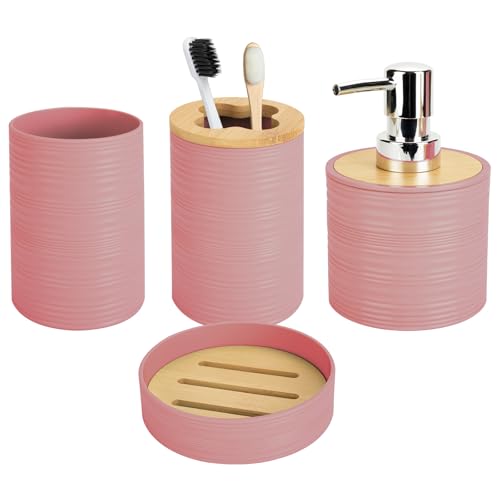 4 PCS Light Pink Bathroom Accessories Set, Includes a Soap Dispenser, Toothbrush Holder, Soap Dish and Mouthwash Cup, Plastics & Bamboo Bathroom Set, Bohemian Style Bathroom Sink Set - color: Light Pink, size: 4 PCS