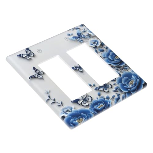 Light Switch Cover Plate Blue Peony Flowers Butterfly Vintage Floral 2 Gang Double Rocker Outlet Covers Decorative Switch plates Electrical Wall Plates GFCI for Bathroom Bedroom Decor - color: Blue Peony Flowers Butterfly Vintage Floral, size: 2 Gang Doub