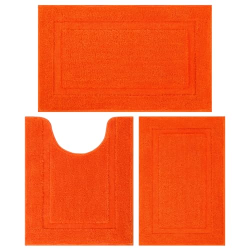 SHACOS Orange Bathroom Rugs Sets 3 Piece Small Bath Mat U Shaped Toilet Rug | 20x32+ 16x24+ 20x24, Soft Fluffy Microfiber Bath Rugs Set, Non Slip Washable Absorbent Bathroom Floor Mats Carpet Shower Rug - color: Orange, size: 16"x24"+ 20"x32"+U Shape 20"x
