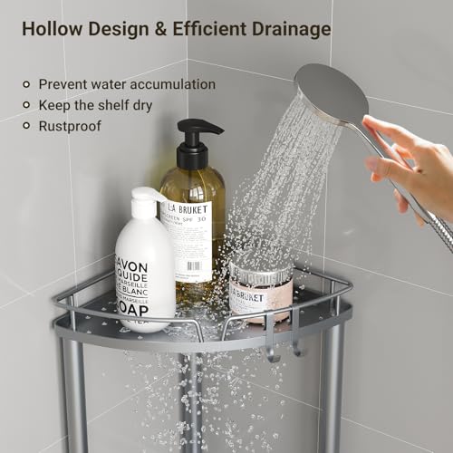 ELYKEN Corner Shower Caddy Standing, 3 Tier Rustproof Metal Shower Organizer with Soap Holder, Floor Shower Corner Shelf Rack Storage Stands with Adjustable Feet & 2 Hooks for Bathroom, Silver - color: Silver, size: 3 Tier