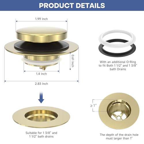 Brushed Gold Upgraded Tip Toe Tub Stopper, Universal Pop Up Bathtub Drains Plug, Bathroom Bath Tub Drain Stoppers, Replaces Lift and Turn, Tip-Toe and Trip Lever drains for Tub, Easy Install - color: Brushed Gold