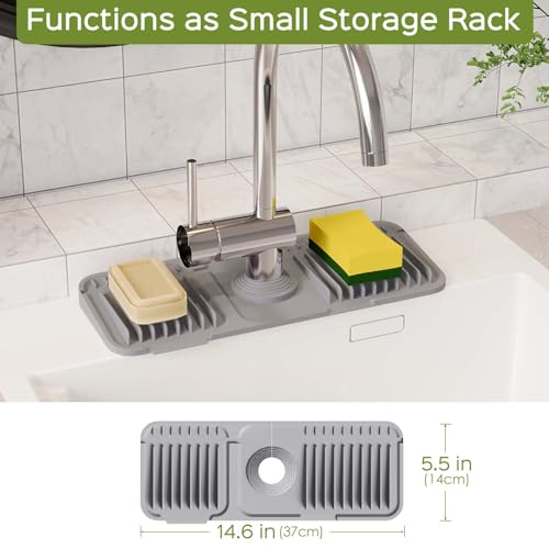 15 Inch Silicone Faucet Mat for Kitchen Sink Splash Guard – 2025 Upgraded Draining Mat with Water Tray Behind Faucet – Countertop Protectors to Catch Spills (Gray, 14.6" x 5.5") - color: Gray, size: 14.6" x 5.5"