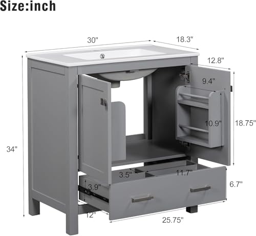 Linique 30" Bathroom Vanity with Sink Combo Set, Solid Wood Frame Bathroom Storage Cabinet with 2 Soft Closing Doors and a Drawer, Multifunctional Storage, Grey - color: Grey