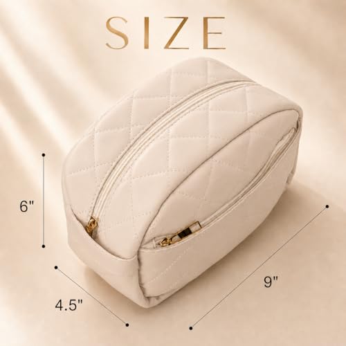 Travel Makeup Bag for Women | Quilted 9 x 4.5 x 6 in PU Leather Double-Layer Cosmetic Organizer with Mesh and Zipper Pockets, Travel Toiletry Bag, Beige - color: Quilted