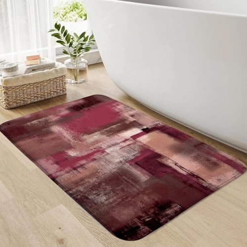 Burgundy Red Abstract Bath Rug, Modern Art Grey Brown Rust Painting Bath Mat Sets for Bathroom, Soft Non Slip Floor Rugs 17X29 Inch - color: Burgundy Red