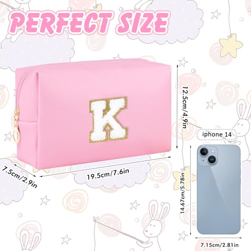 URSKYTOUS Initial Preppy Makeup Bag Travel Small Cosmetic Bag Cute Pink Personalized Preppy Makeup Pouch Zippered PU Toiletry Bag Christmas Birthday Gifts for Women Mom Teacher Friends(K) - color: Pink, size: K