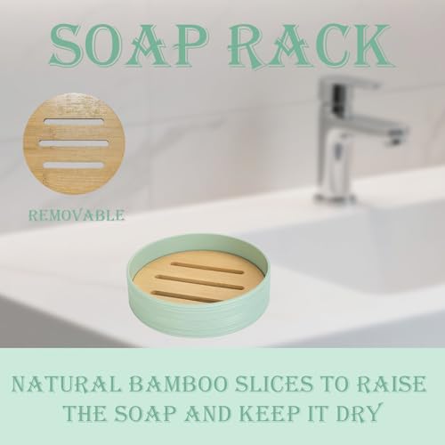 Bathroom Accessories Set 4 Piece Bamboo Bath Ensemble Includes Soap Dispenser and Toothbrush Holder Set, Soap Dish and Mouthwash Cup.Bohemian Style-Brief but not Simple(Green)