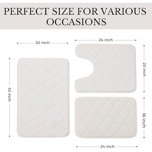 3Pcs Bathroom Rugs Set, Memory Foam Bath Mat Set, Soft Absorbent Non-Slip Bathroom Mats, Machine Washable Quick Dry Bathroom Decor - Perfect for Shower, Bathtub White